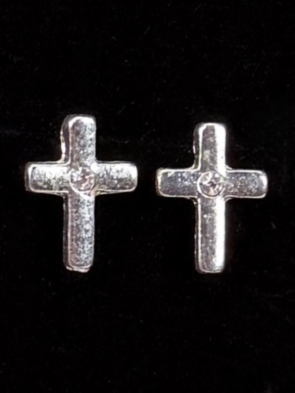 Silvertone Cross Post Pierced Earrings with Crystal Accent